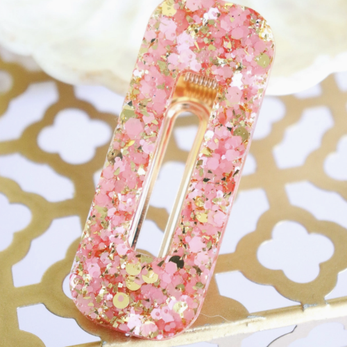 barette rectangle paillettes roses et or